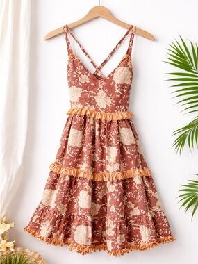 Lido One Size Boho Mini Dress Floral Ruffle Tiered Strappy Back Beach Festival